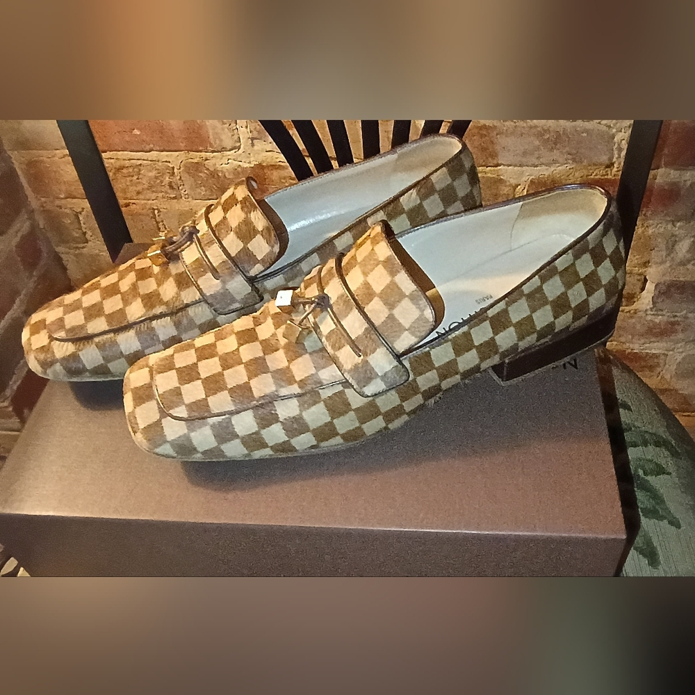 Louis Vuitton Damier Ebene Pony Hair Gold Dice Loafers Flats